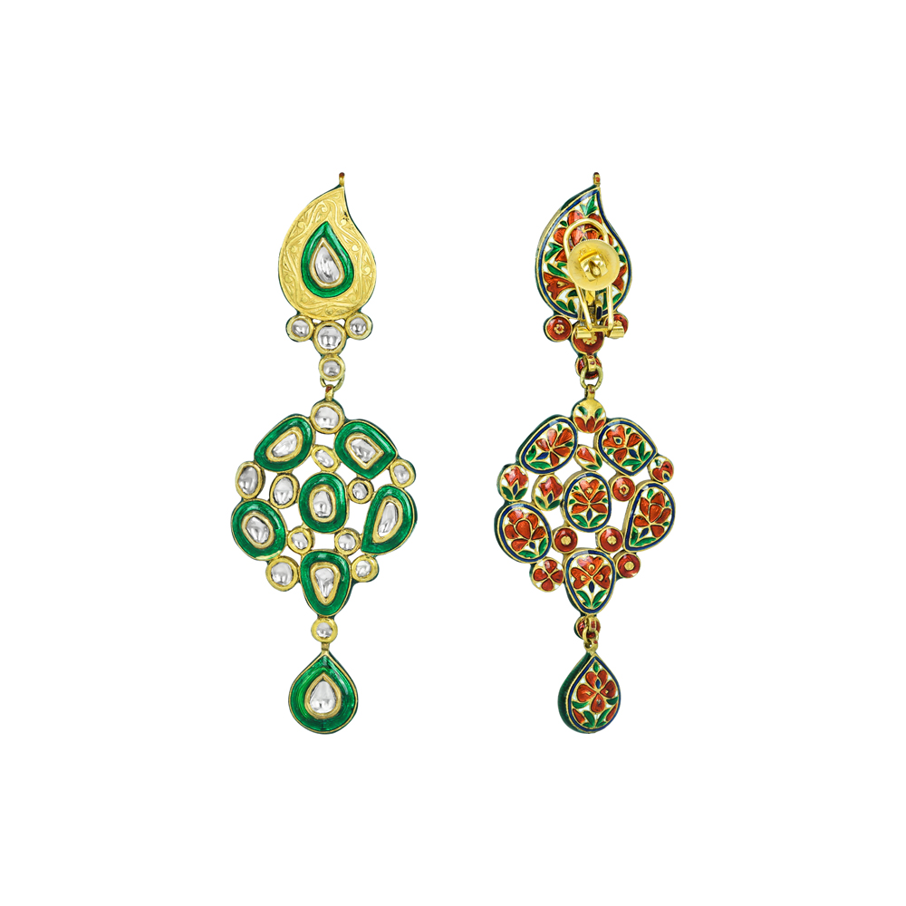 Cascading Polki Earrings with Green Enamel and Teardrops
